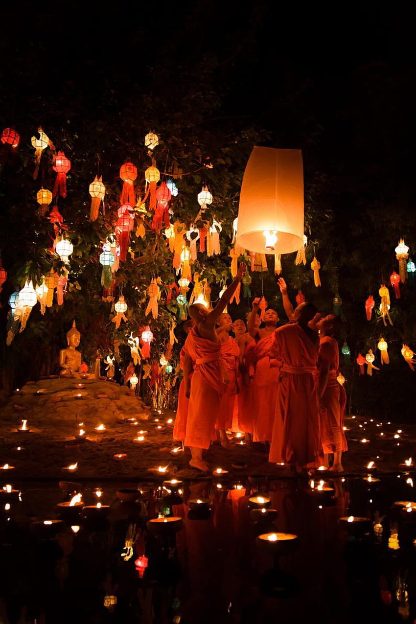najlepsze święto lampionów. Papierowi lampiony, Spławowa latarniowa festiwalowa ceremonia Tajlandia Tapeta na telefon HD