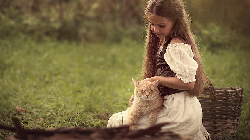 สาวน้อยน่ารักกับแมว , , Girl With Cat วอลล์เปเปอร์ HD