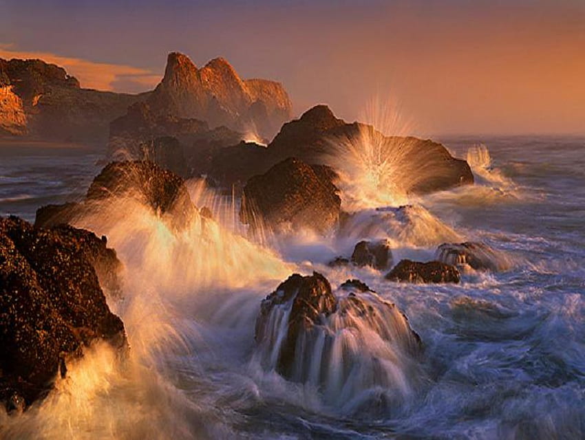 Beautiful When Angry, sea, waves, glow, rocks, sunset, ocean HD wallpaper