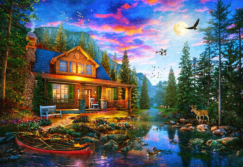 Moonlit Cabin Retreat, произведение на изкуството, река, лодка, , дървета, небе, гора, камъни HD тапет