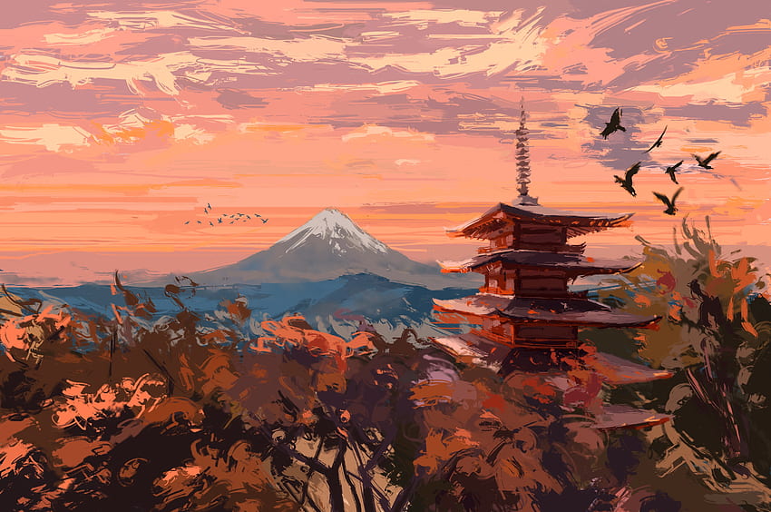 karya seni, alam, langit, hewan, Seni Jepang, gunung berapi, Fangpeii, lukisan digital, burung, pemandangan, Seni Alam Jepang Wallpaper HD