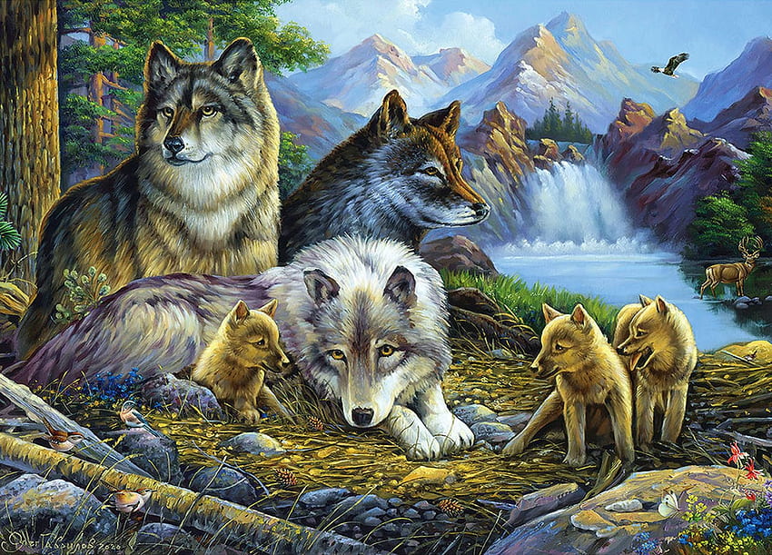 At The Waterfall, wolves, pups, wolfpack, artwork, painting, mountains HD wallpaper