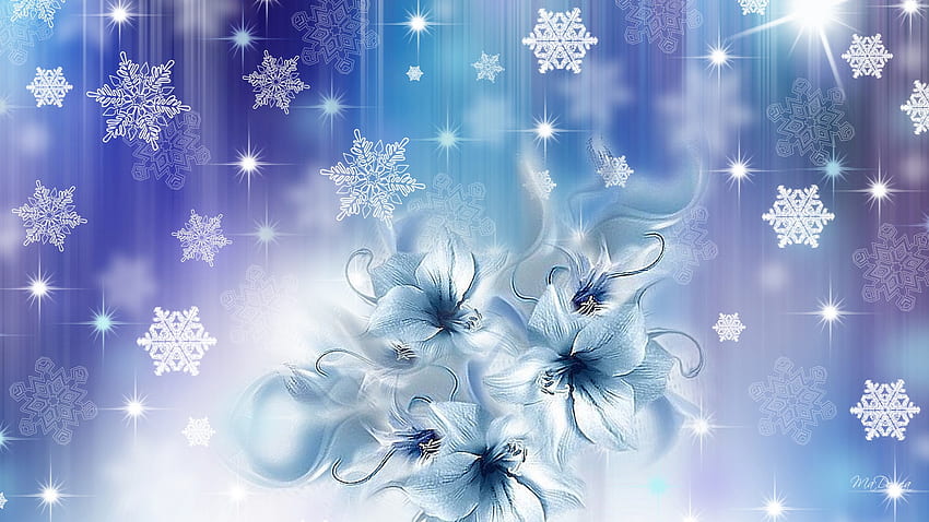 Blue Winters Dream, bleu, hiver, fluide, lueur, personnage firefox, étoiles, flocons de neige, lumineux, noël, fleurs Fond d'écran HD