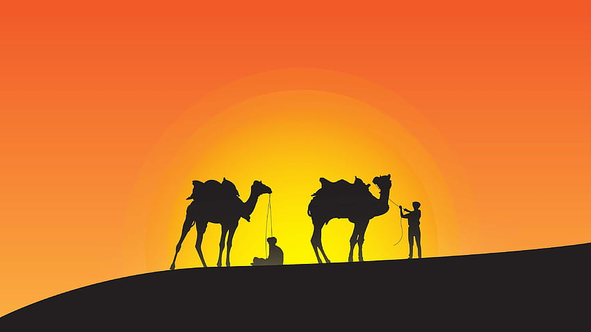 Camels, sunset, silhouette, desert, minimal HD wallpaper