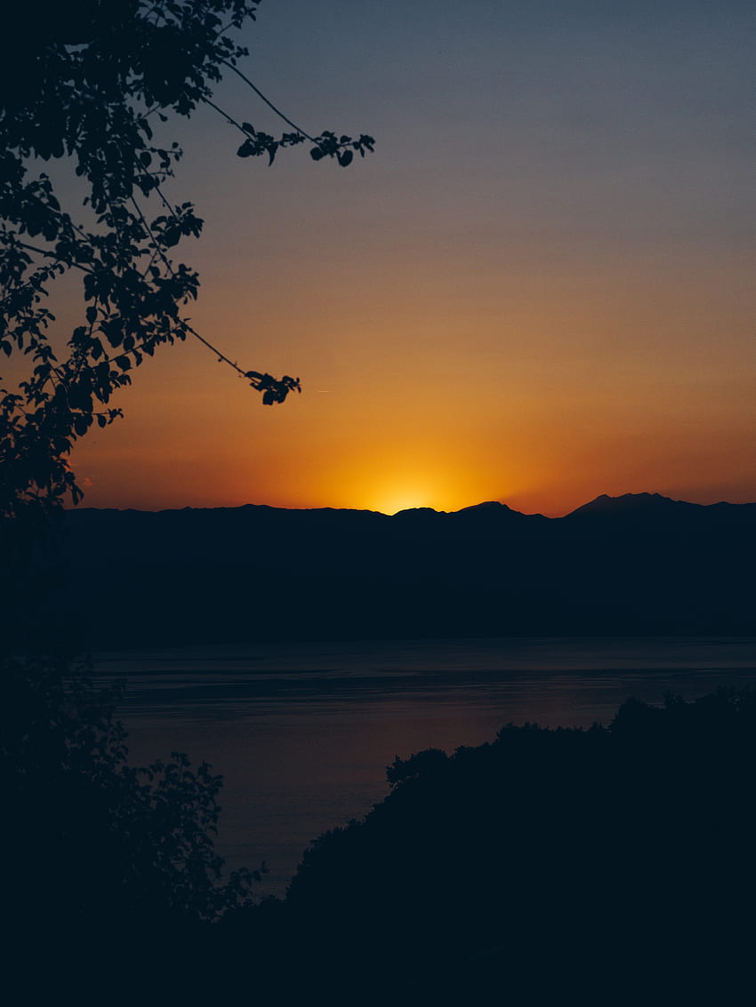 Sunset, Mountains, Twilight, Lake, Dark, Dusk HD phone wallpaper