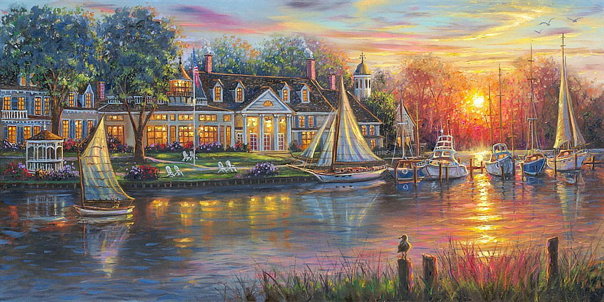 Chesapeake Sunrise, artwork, seagull, painting, house, boats, bay, gazebo, sun HD wallpaper