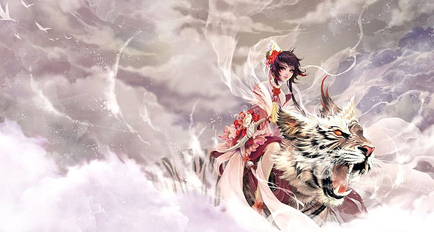 Gadis anime asli harimau hewan awan langit mata merah yang indah, Anime Lucu Harimau Wallpaper HD