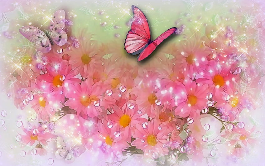 ✪ピンクの花びらの露滴✪、露滴、色、春、蝶、花、動物、明るい、蝶のデザイン、羽ばたき、夢の中の魅力、飛行、美しい、素敵な花、季節、創造的な既成品、四季の愛、 ピンク、きれい、咲く、クール、自然、花、美しい 高画質の壁紙