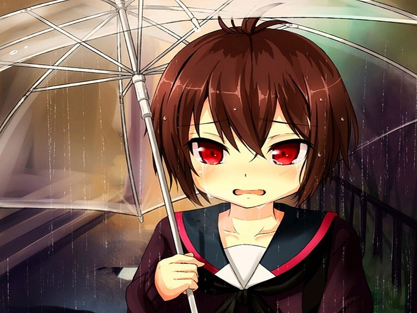 Crying In The Rain..., sweet, rain, anime, cry, cute, channel, girl, ichii tooru Wallpaper HD