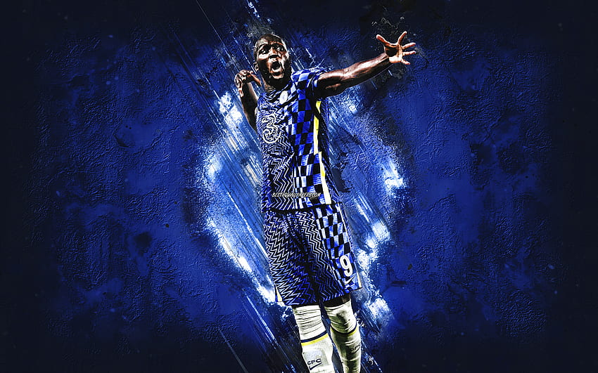 Romelu Lukaku, Chelsea FC, belgijski piłkarz, niebieskie kamienne tło, sztuka grunge, piłka nożna, Premier League, Lukaku Chelsea Tapeta HD