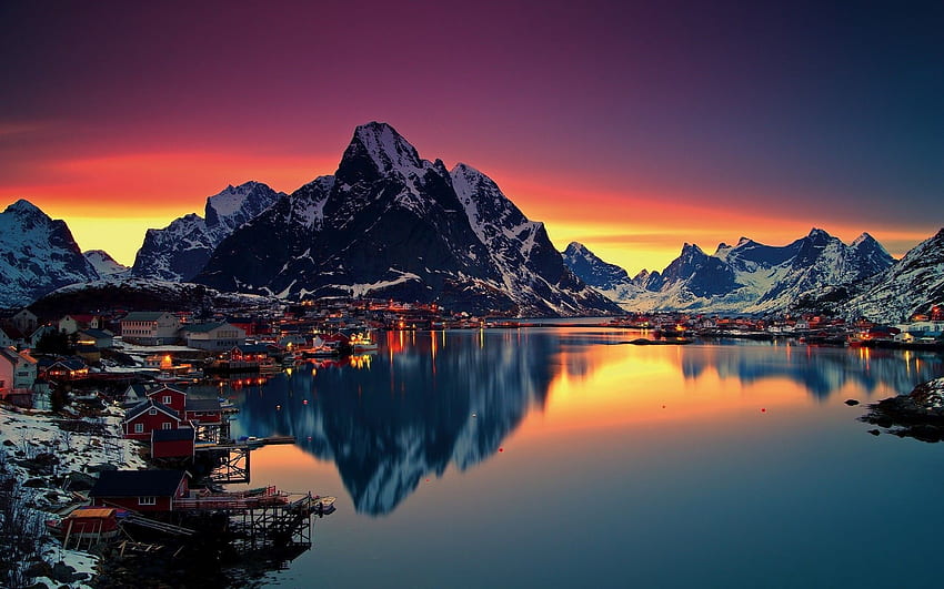 自然、海、夕日、水、反射、山、雪、冬、ロフォーテン諸島、ノルウェー、レーヌ、ロフォーテン / およびモバイル背景。 Lofoten, Hintergrundbilder natur, für 高画質の壁紙
