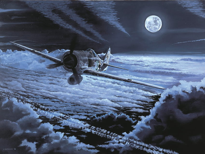 Midnight Patrol, gece, sanat, almanca, focke, 190, 2. Dünya Savaşı, fw190, wulf, boyama, ay, çizim, uçak, İkinci dünya savaşı, uçak, bulutlar, luftwaffe HD duvar kağıdı