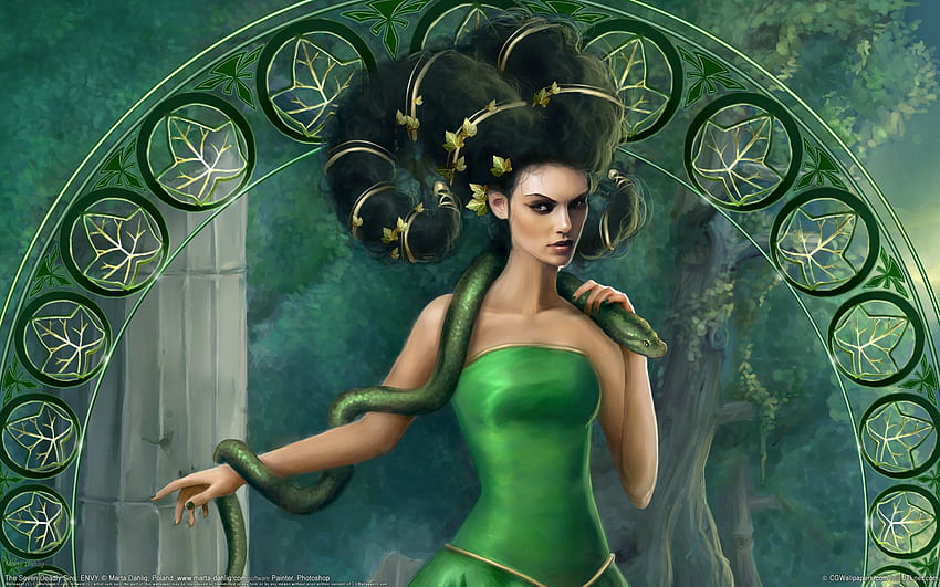 Dark Lady with Green Dress and Snake in Forest HD wallpaper