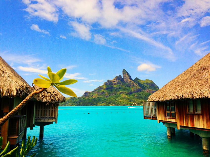 Holidays In Bora Bora, island, French Polynesia, paradise, beautiful, lagoon, mountain, international tourist, emerald waters, volcano, clouds, resort, barrier reef HD wallpaper