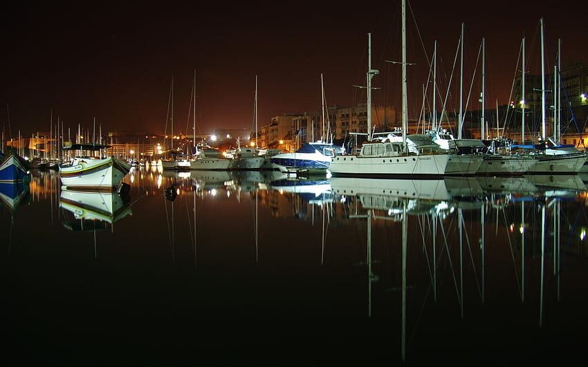 marina night, night, peaceful, dark, sailboats, pretty, lights, sky, water, calm HD wallpaper