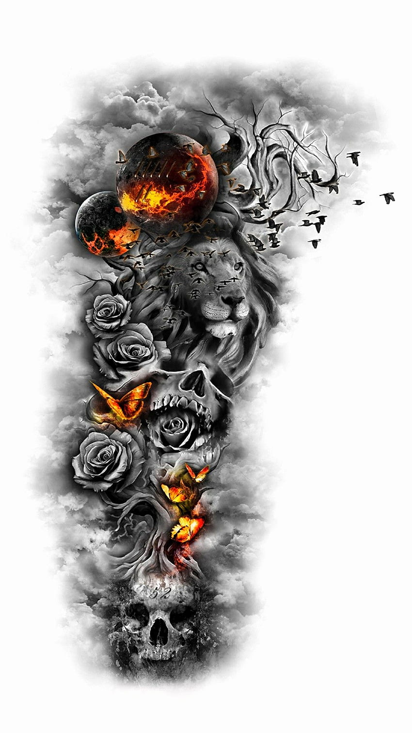 Череп и рози Ново абстрактно изкуство на лъва - дизайн на татуировка с лъвски ръкав HD тапет за телефон