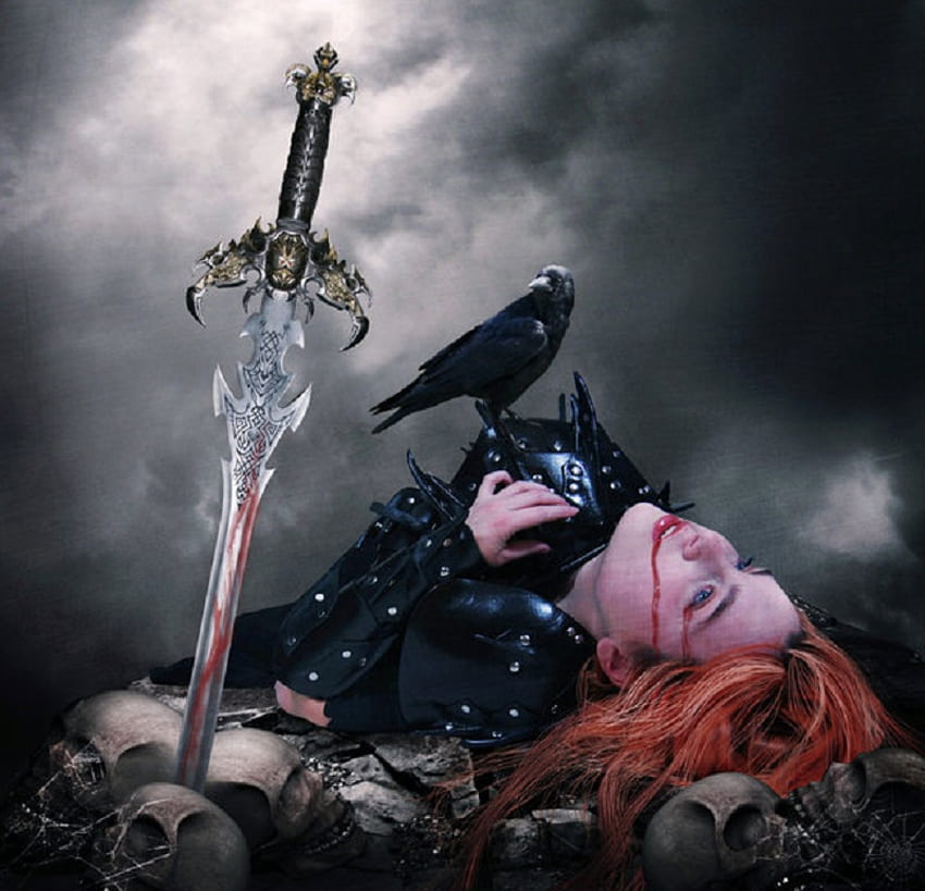 Beauty in Death, raven, sword, fantasy, redhead, warrior, female, skulls HD wallpaper