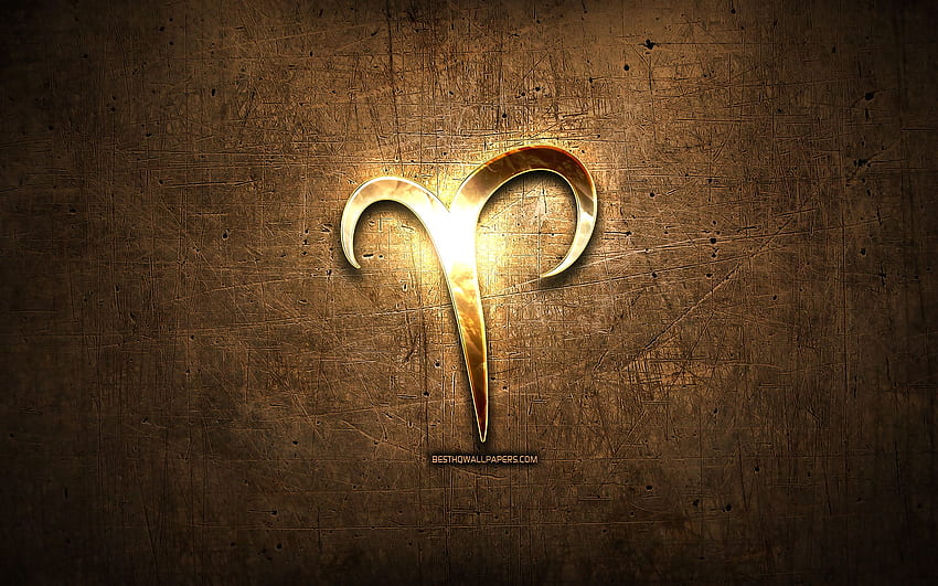 Aries golden symbol, brown metal background, zodiac symbols, Aries zodiac sign, astrology, Aries, astrological sign, Horoscope signs, creative art, Aries zodiac symbol for with resolution . High Quality HD wallpaper