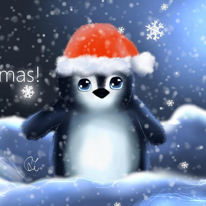 プレビュー ペンギン、帽子、カブ、雪片、クリスマス、碑文 HD電話の壁紙
