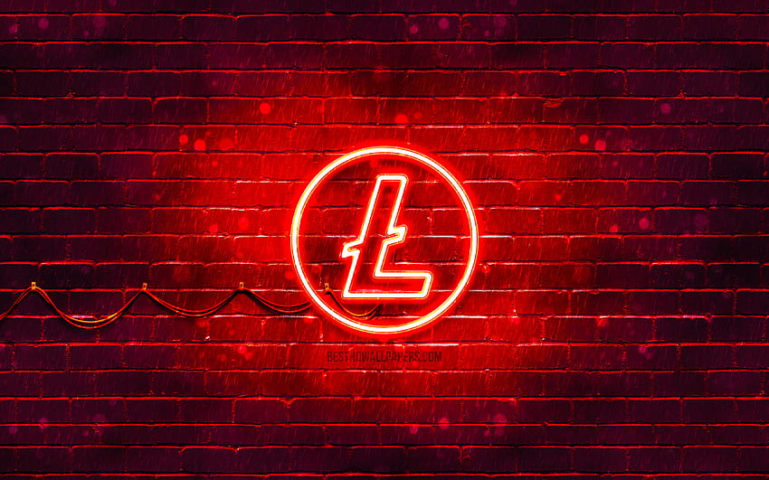 Litecoin czerwone logo, , czerwona cegła, logo Litecoin, kryptowaluta, neonowe logo Litecoin, Litecoin Tapeta HD