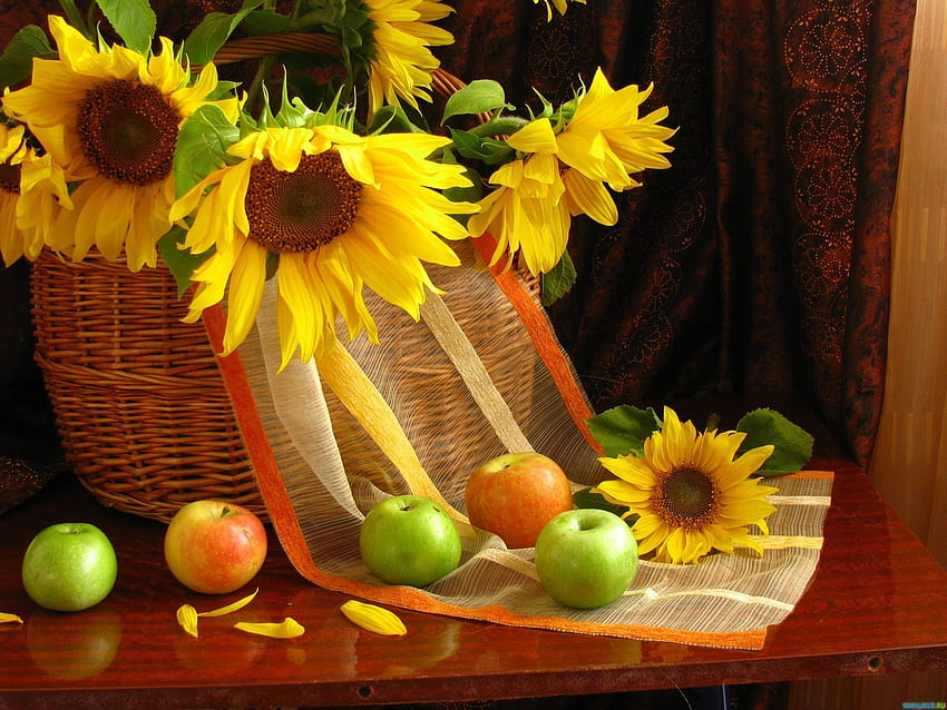 Kwiaty, słoneczniki, liście, jabłka, martwa natura, stół, kosz, zasłony Tapeta HD