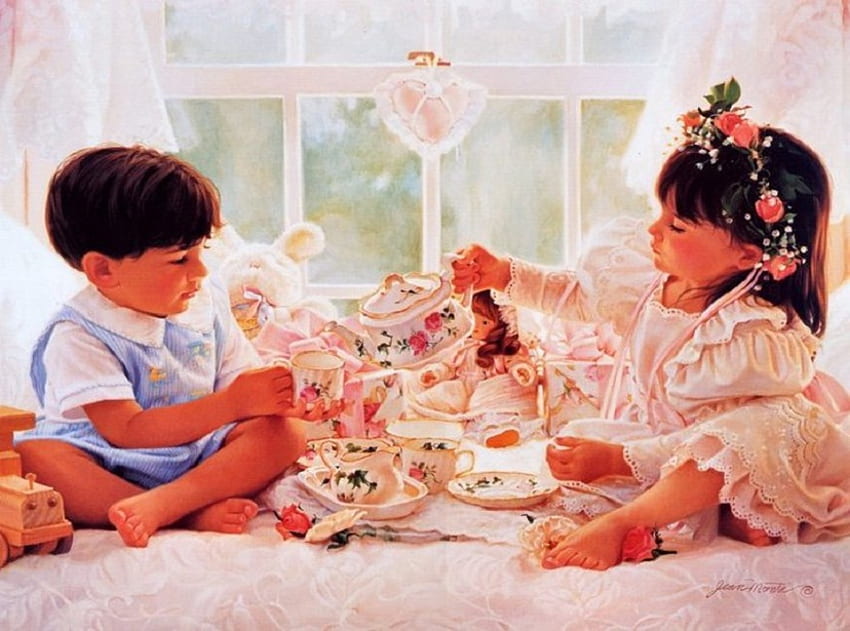 The tea party, tea, cups, doll, sitting, rabbit, teapot, teacups, children, window, toys, girl, china, pouring, saucers, playing, boy, flowers, heart, child HD wallpaper