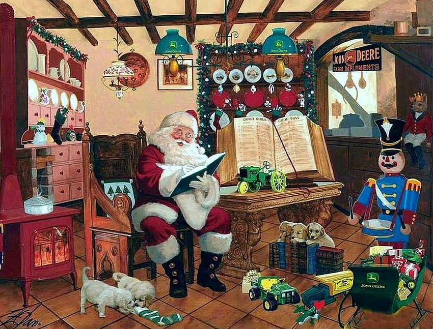 Santa entra a la casa a través de la chimenea colocando regalos secretos y dando regalos a los niños, John Deere Christmas fondo de pantalla