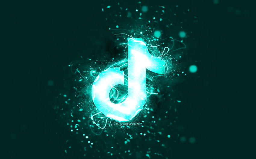 TikTok turquoise logo, , turquoise neon lights, creative, turquoise abstract background, TikTok logo, social network, TikTok HD wallpaper