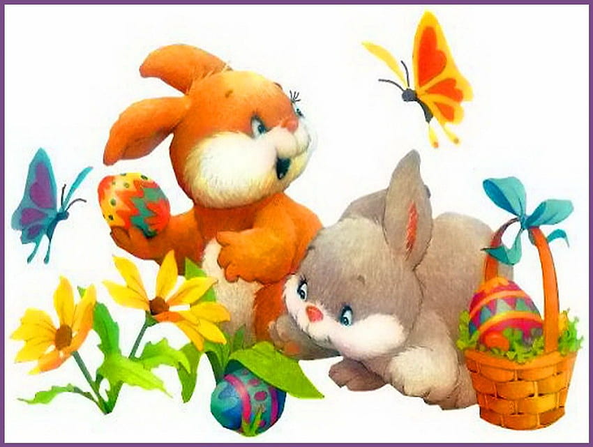 Hasen und Schmetterlinge, Hasen, Schmetterlinge, abstrakt, Ostern, Blumen, Eier HD-Hintergrundbild