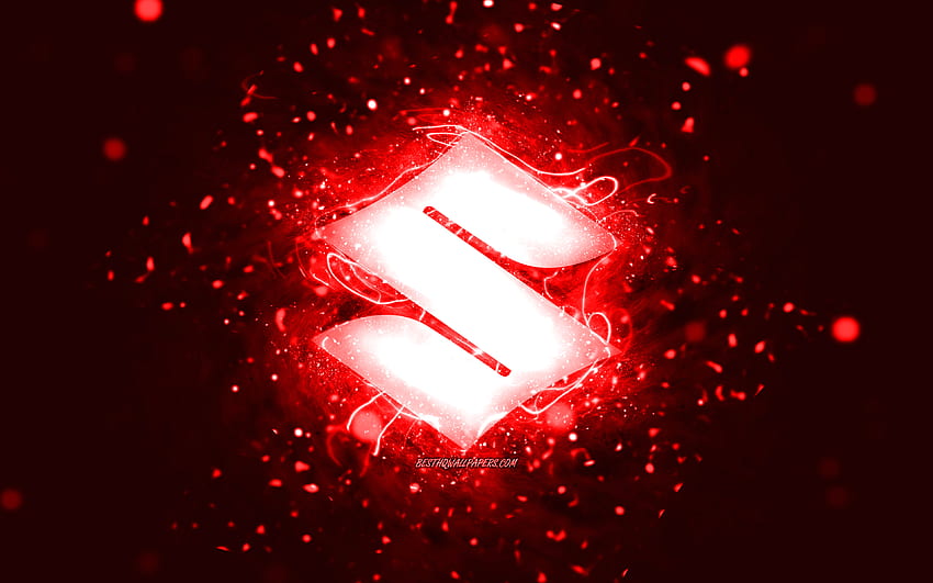 Rotes Suzuki-Logo, rote Neonlichter, kreativer, roter abstrakter Hintergrund, Suzuki-Logo, Automarken, Suzuki HD-Hintergrundbild