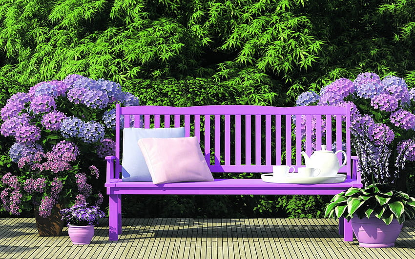 Perfect Place To Relax, cups, bench, tray, plants, trees, flowers, Spring, pillows HD wallpaper
