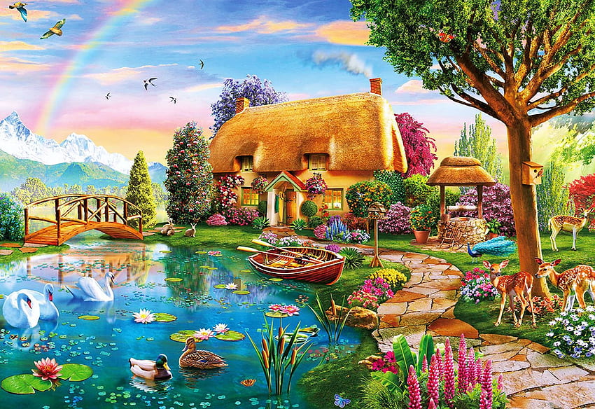 Lakeside Cottage, anatre, cigni, arcobaleno, pittura, cervi, alberi, fiori, stagno, ponte Sfondo HD