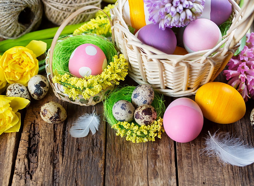 Happy Easter!, egg, colorful, pink, feather, wood, green, yellow, card, easter HD wallpaper