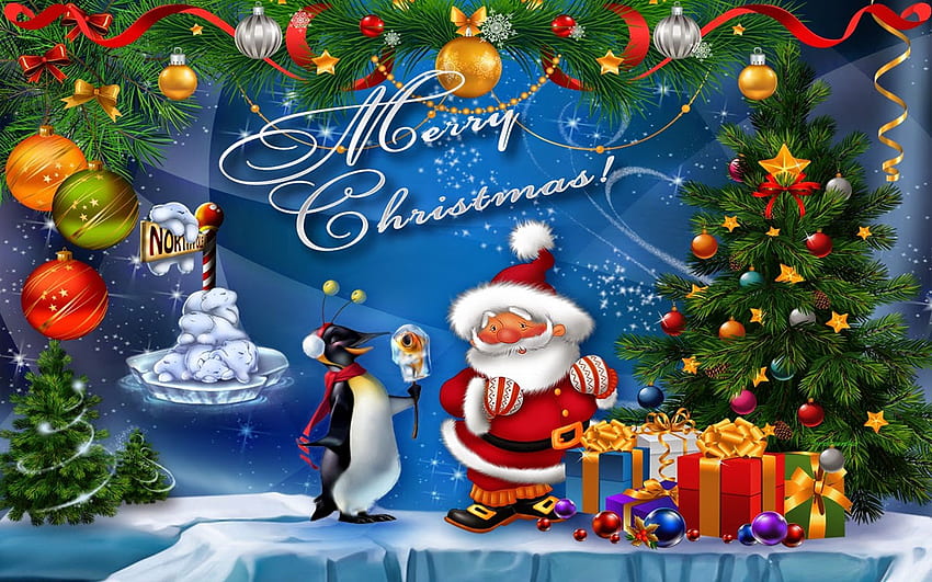 Christmas Postcard Santa Claus Christmas Tree With HD wallpaper