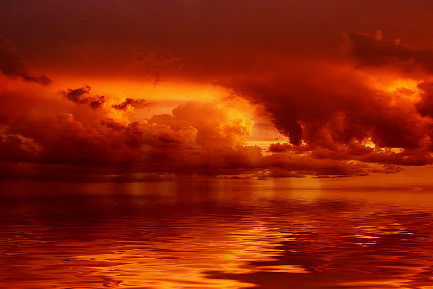 Red clouds, storm, sunset, art HD wallpaper