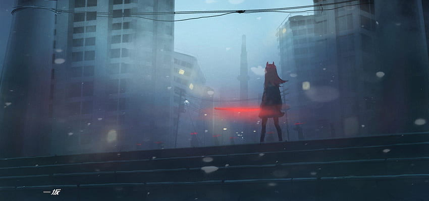 Pós Apocalíptico, Anime City, Edifícios, Anime Girl, Escuridão, Noite, Cabelo Vermelho, Anime Girl City Night papel de parede HD