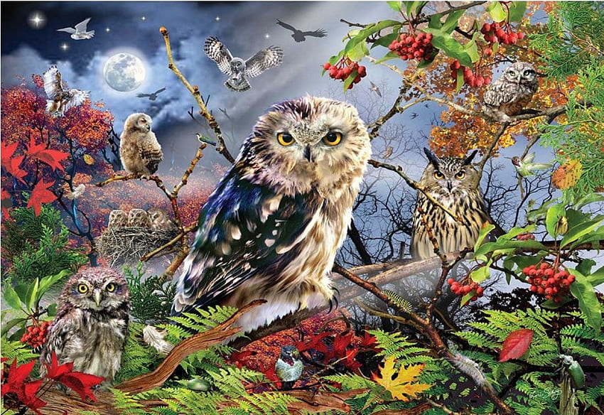Owls in the moonlight, birds, leaves, painting, moon, trees, branches, chicks, nest HD wallpaper