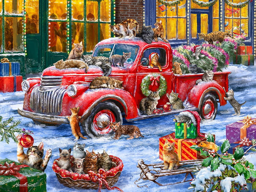 It's a Cats Christmas, kitten, basket, painting, car, snow, street, village HD wallpaper