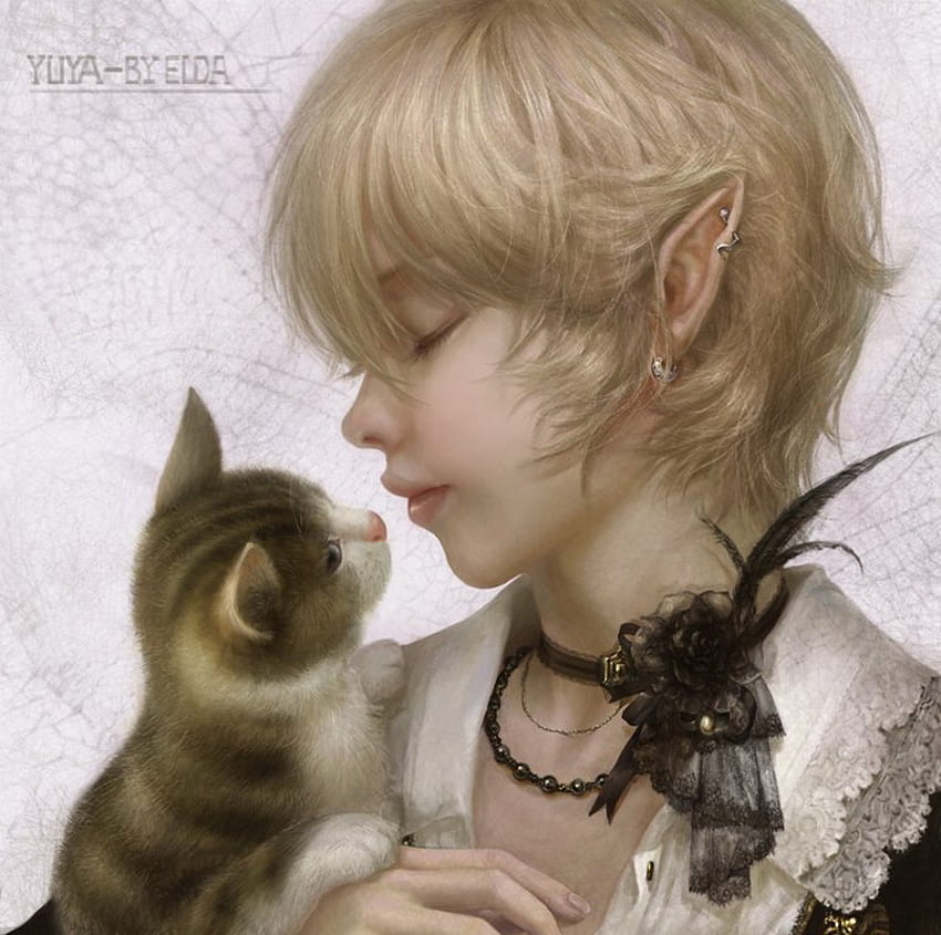 Mały elf, abstrakcja, fantazja, kot, dziewczyna, elf, dziecko Tapeta HD