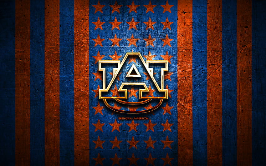 Flaga Auburn Tigers, NCAA, pomarańczowo-niebieskie metalowe tło, drużyna futbolu amerykańskiego, logo Auburn Tigers, USA, futbol amerykański, złote logo, Auburn Tigers z rozdzielczością. Wysokiej jakości kasztanowa piłka do koszykówki Tapeta HD