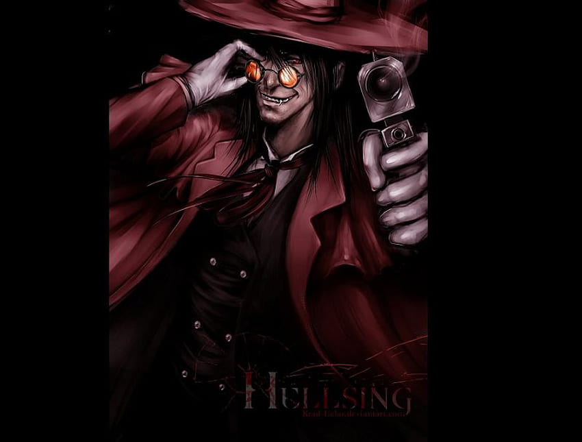 Alucard, olhos vermelhos, cabelo preto, vampiro, escuro, escuridão, anime, hellsing, cabelo escuro, óculos, arma papel de parede HD