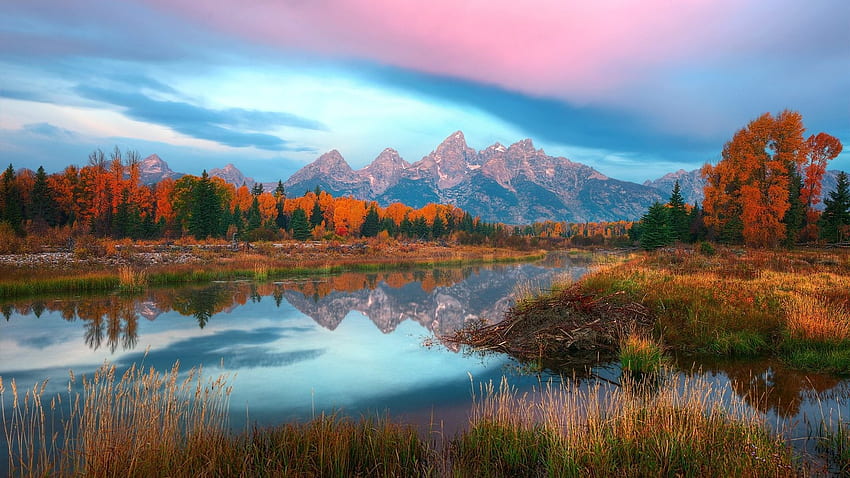 Reflection Lake Autumn River Usa Mountain Wyoming Nature For Pc - HD wallpaper
