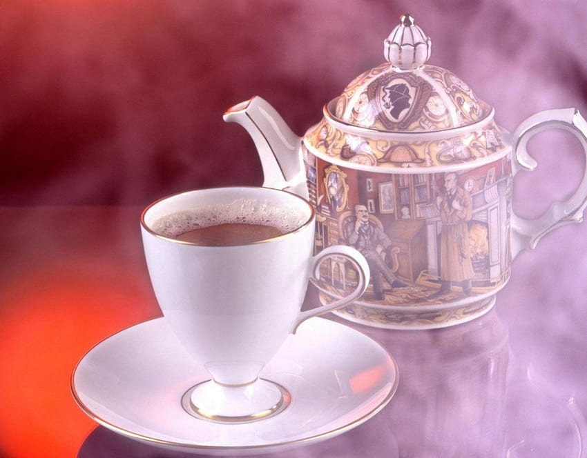 A cup of tea, sweet, good morning, tea, plate, cup, drink, teapot HD wallpaper