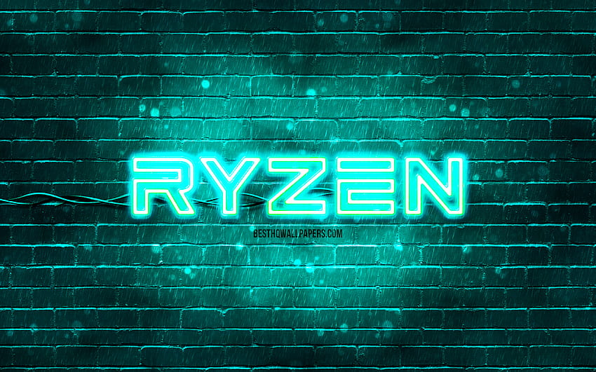 โลโก้ AMD Ryzen สีฟ้าคราม, ผนังอิฐสีเขียวขุ่น, โลโก้ AMD Ryzen, แบรนด์, โลโก้ AMD Ryzen นีออน, AMD Ryzen วอลล์เปเปอร์ HD