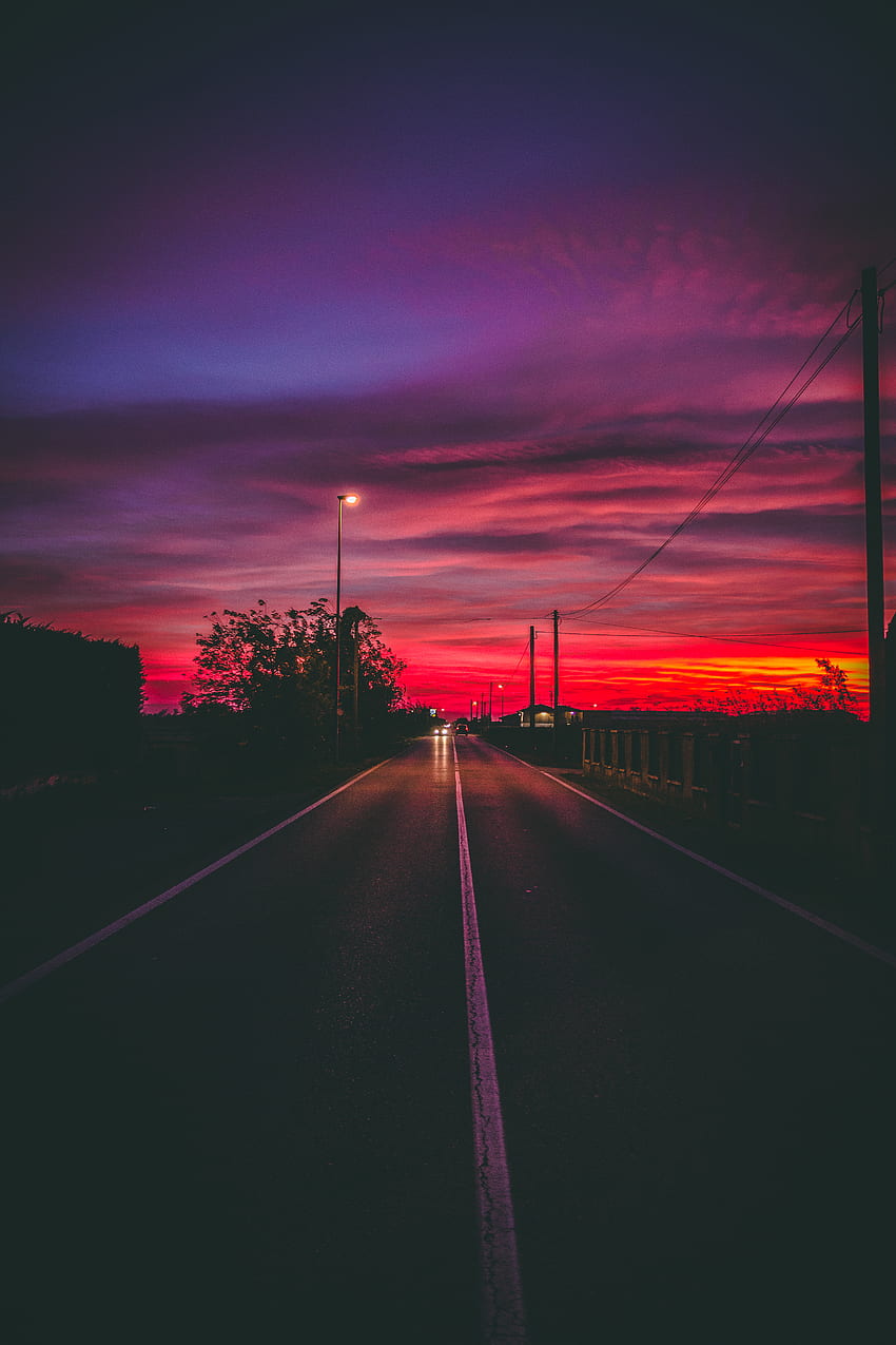 Sonnenuntergang, Horizont, Dunkelheit, Straße, Markup HD-Handy-Hintergrundbild