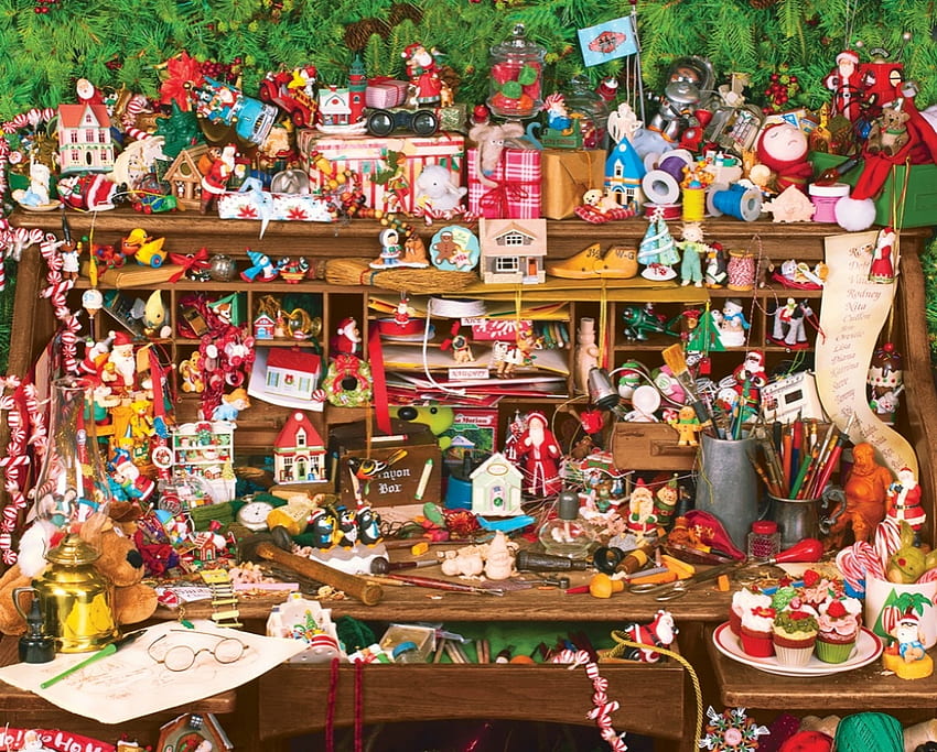 Oficina de Papá Noel, estantes, craciun, arte, navidad, cosas, santa fondo de pantalla