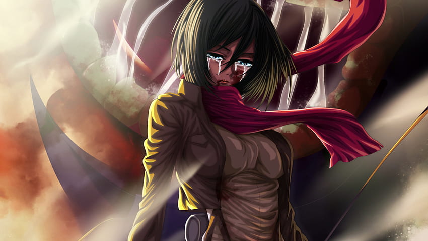 Attack On Titan Mikasa Ackerman Crying With Red Scarf Anime . HD wallpaper
