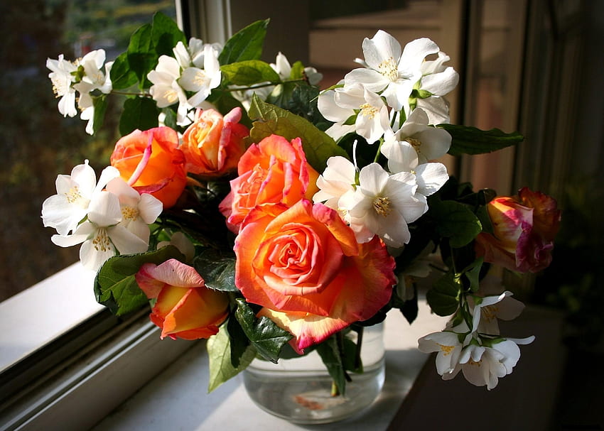 花, バラ, ブーケ, 窓, 花瓶, 春, ジャスミン 高画質の壁紙