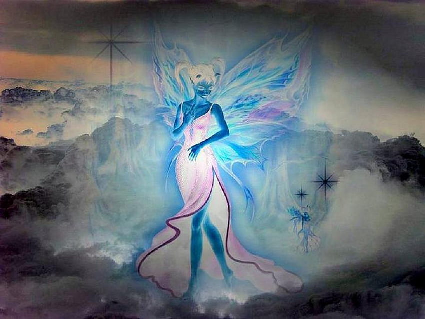 Mystical Blue Winged Fairy, star, fog, glow, purple dress, mini fairy, blue fairy, sunset HD wallpaper