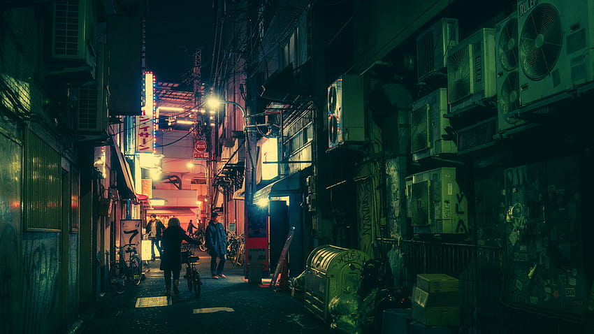 street, night, neon, bicycle, road, green, Japanese, Tokyo, infrastructure, light, color, alley, darkness, screenshot, urban area, computer . Mocah HD wallpaper
